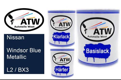 Nissan, Windsor Blue Metallic, L2 / BX3: 1L Lackdose + 1L Klarlack + 500ml Härter - Set, von ATW Autoteile West.